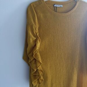 Mustard yellow Zara dress with ruched 3/4 sleeves